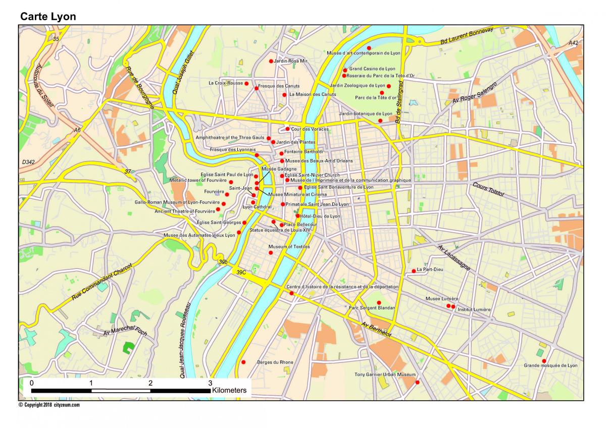 Lyon sa mga atraksyong panturista mapa